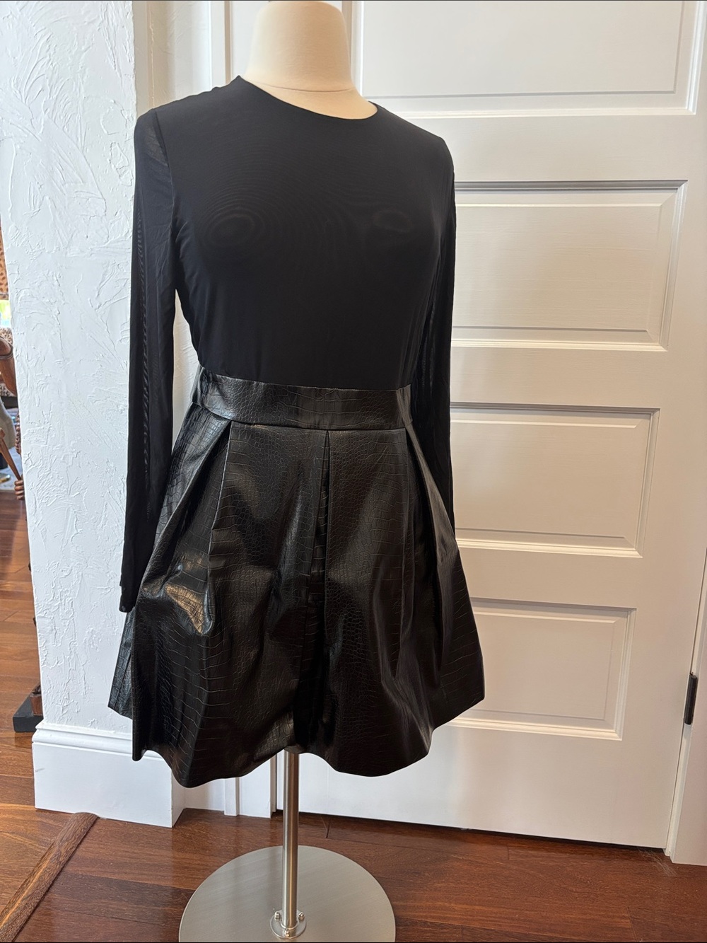 Mac Duggal Black Faux-Leather Pleated Skirt Dress